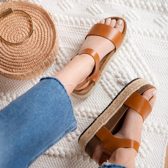 Shoes - Cognac band espadrille platform wedge sandals
